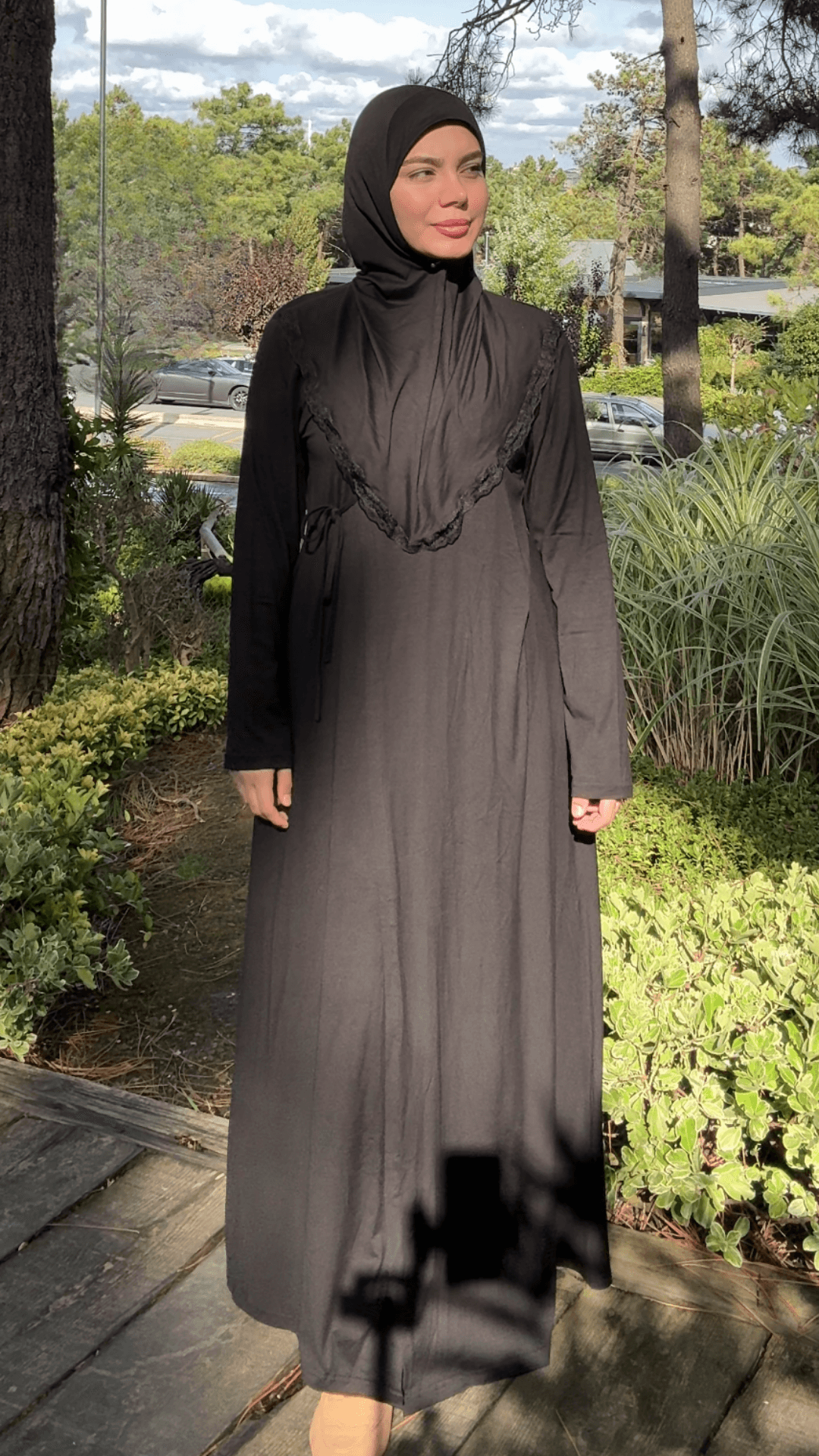 Yandan Bağlamalı Pratik Şallı Penye Namaz Elbisesi - Siyah
