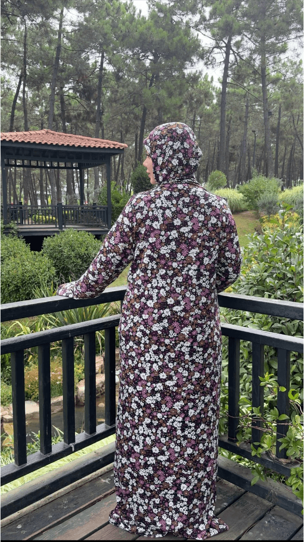 Desenli Refah Fermuarlı Hazır Şallı Pamuklu Penye Namaz Elbisesi  - Lila Bahar