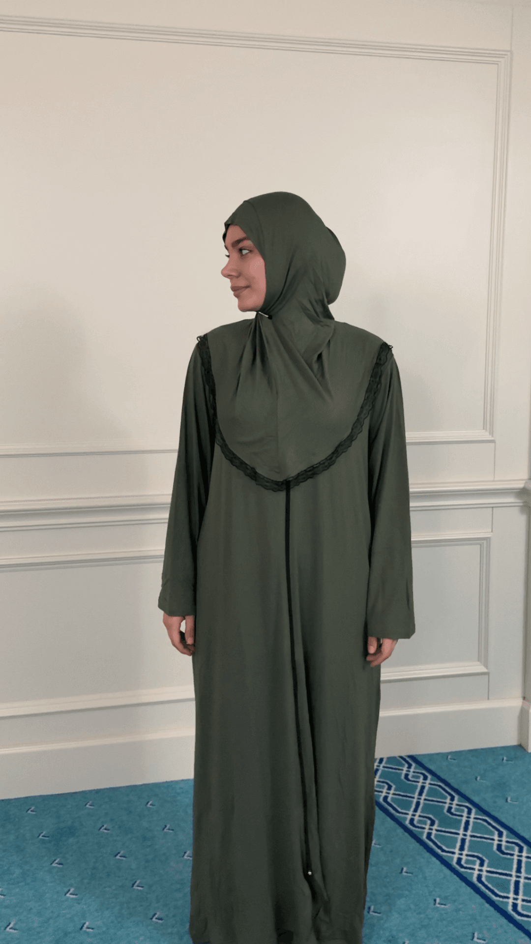 Refah Fermuarlı Hazır Şallı Pamuklu Penye Namaz Elbisesi  - Haki
