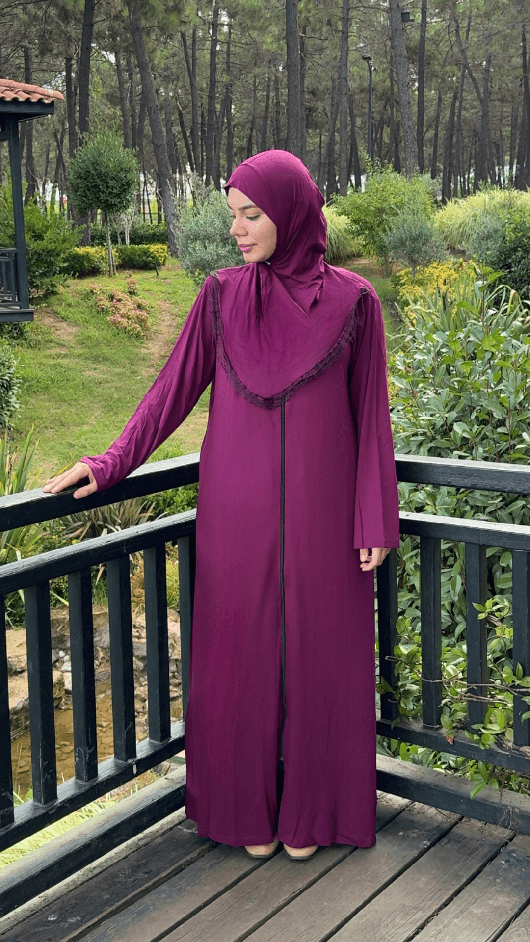 Refah Fermuarlı Hazır Şallı Pamuklu Penye Namaz Elbisesi  - Gül Kurusu