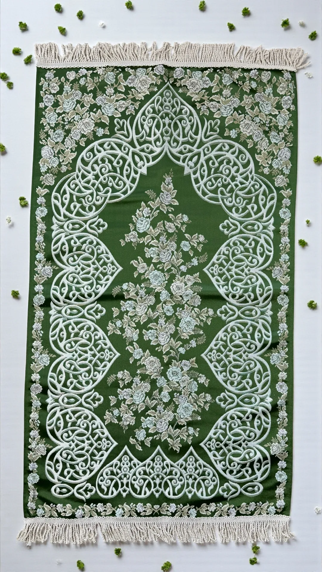 Mihraplı Çiçek Desenli Çeyizlik Saten Seccade - Zümrüt Yeşili