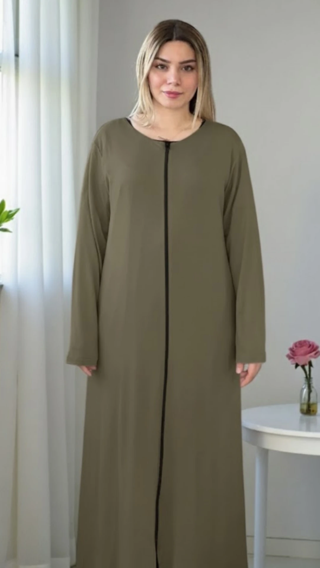 Refah Fermuarlı Pamuklu Penye Namaz Elbisesi - ŞALSIZ - Haki