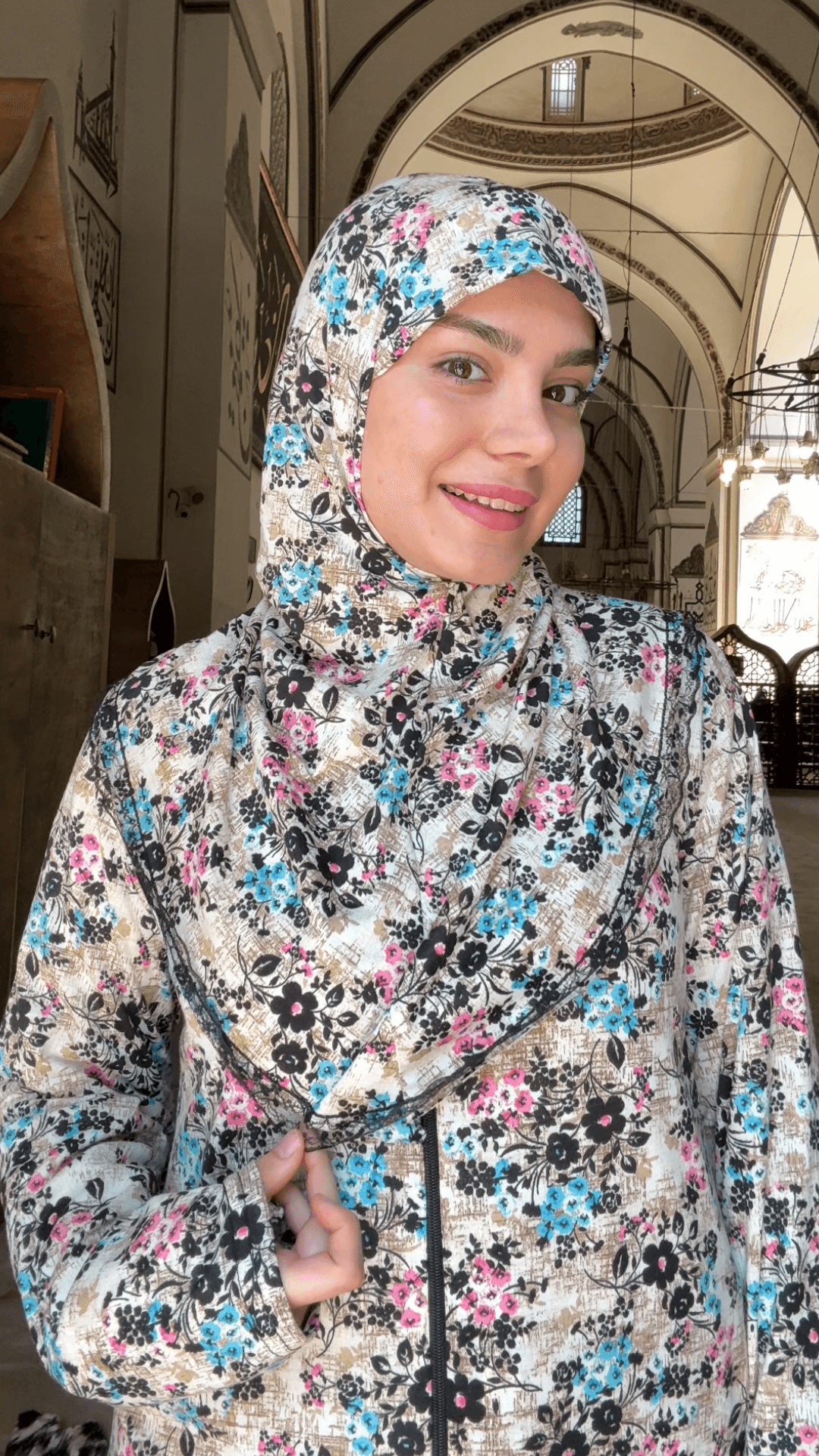 Desenli Refah Fermuarlı Hazır Şallı Pamuklu Penye Namaz Elbisesi  - Çiçekli Desen