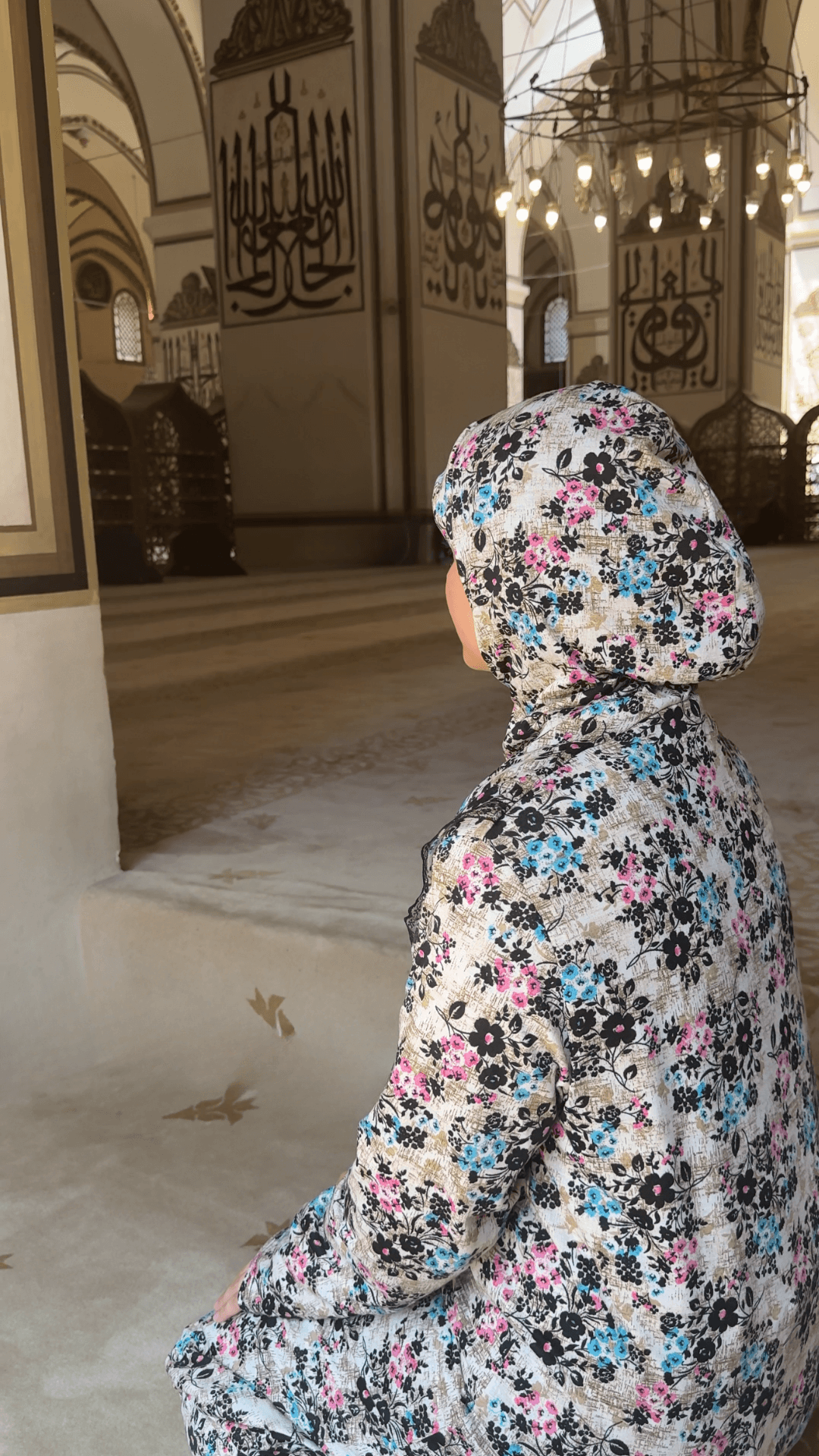 Desenli Refah Fermuarlı Hazır Şallı Pamuklu Penye Namaz Elbisesi  - Çiçekli Desen