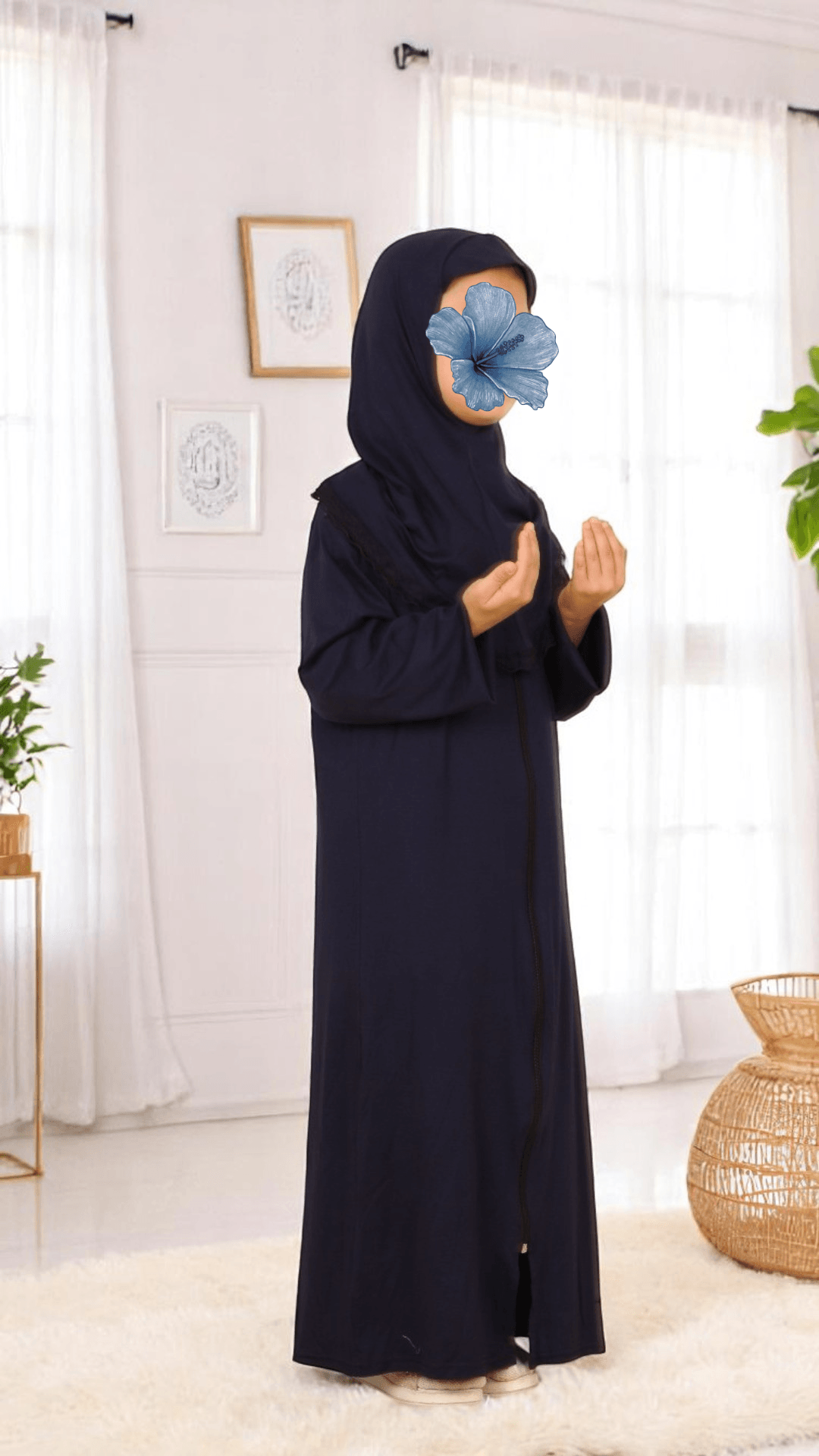 Refah Fermuarlı Hazır Şallı Pamuklu Penye Çocuk Namaz Elbisesi - Lacivert