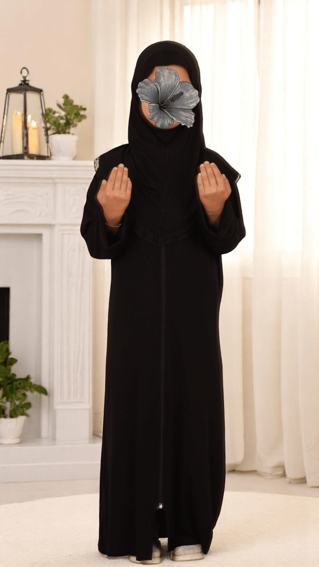 Refah Fermuarlı Hazır Şallı Pamuklu Penye Çocuk Namaz Elbisesi - Siyah