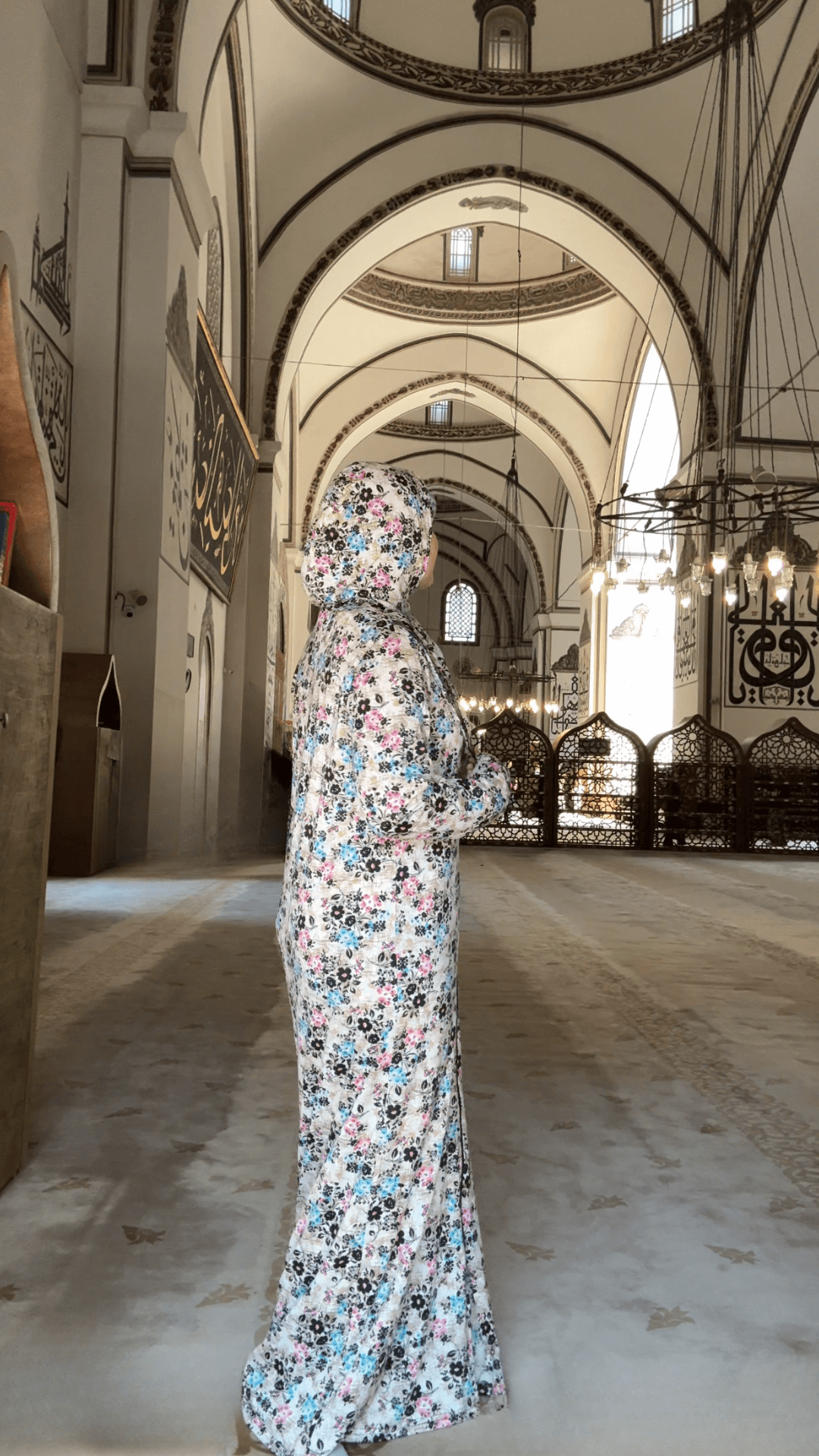 Desenli Refah Fermuarlı Hazır Şallı Pamuklu Penye Namaz Elbisesi  - Çiçekli Desen