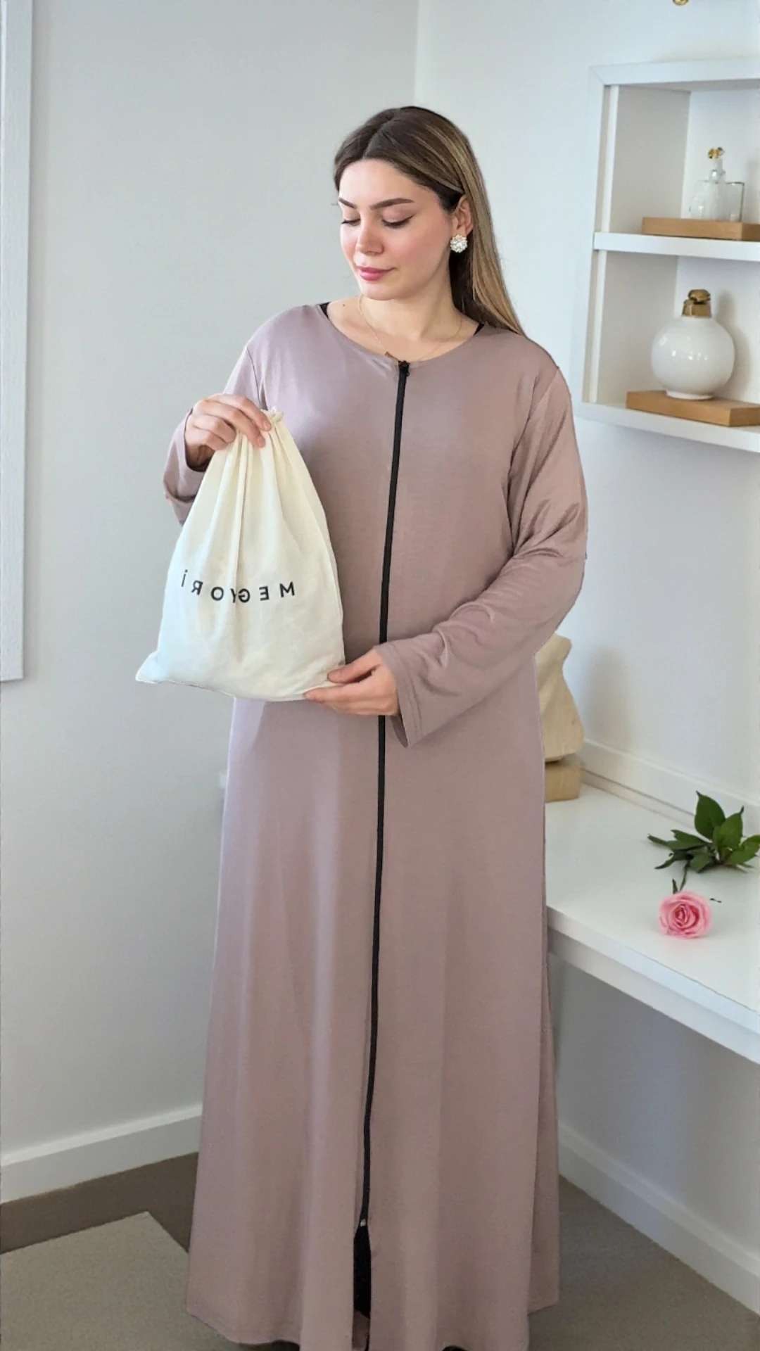 Refah Fermuarlı Pamuklu Penye Namaz Elbisesi - ŞALSIZ - Açık kahve