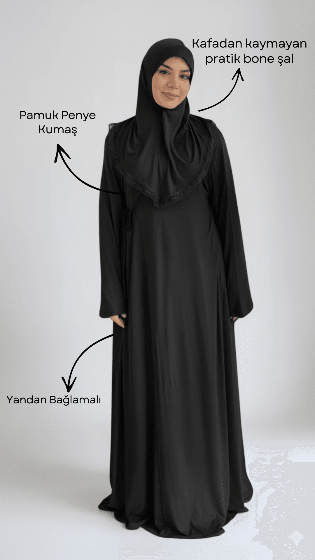 Yandan Bağlamalı Pratik Şallı Penye Namaz Elbisesi - Siyah