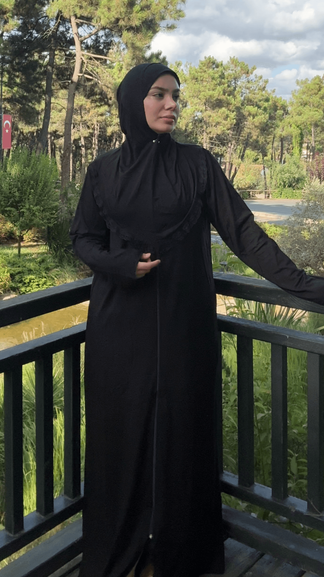 Refah Fermuarlı Hazır Şallı Pamuklu Penye Namaz Elbisesi  - Siyah