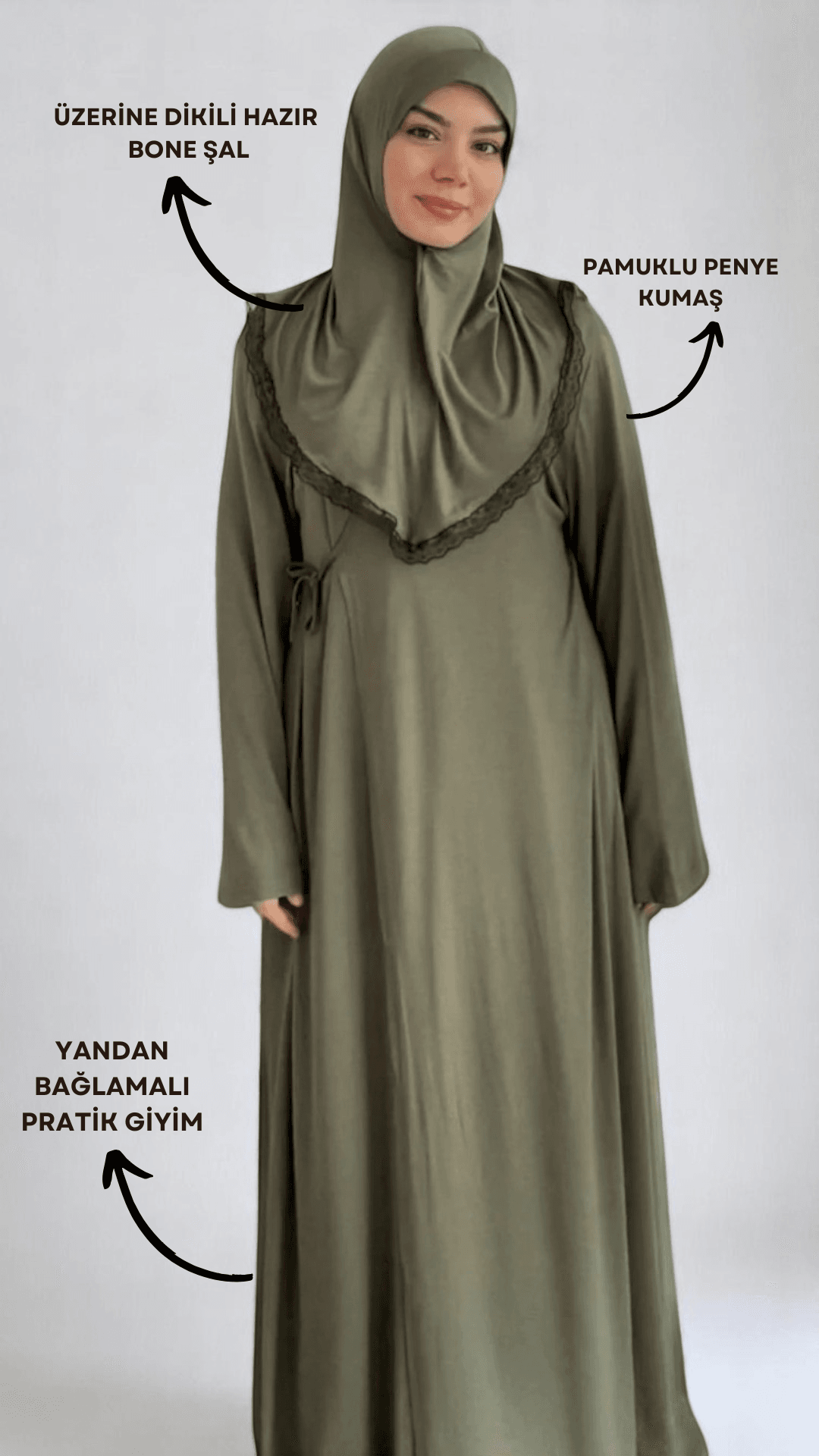 Yandan Bağlamalı Pratik Şallı Penye Namaz Elbisesi - Haki