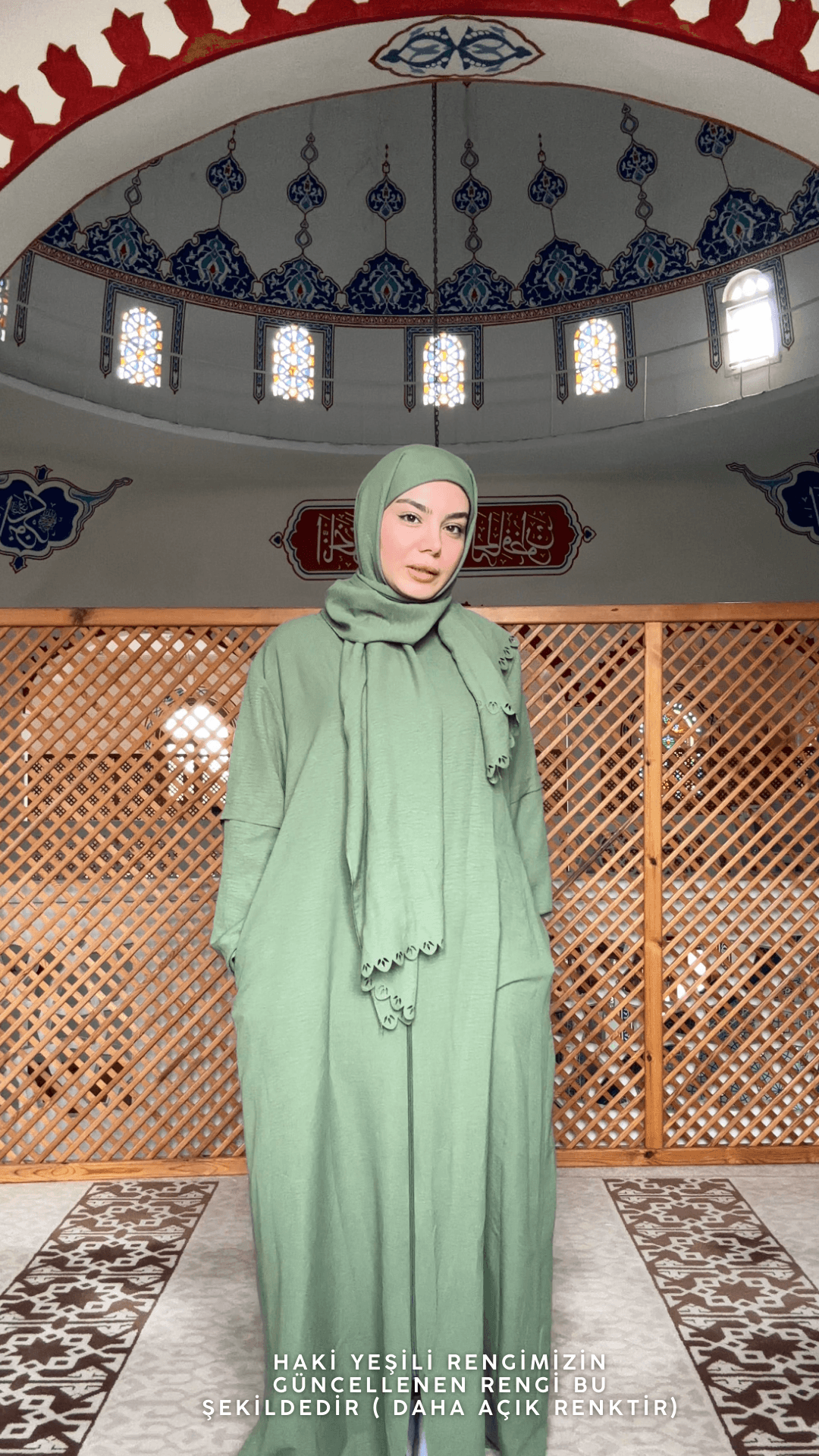Sahra Fermuarlı Uzun Şallı Pamuk Aerobin Namaz Elbisesi - Haki