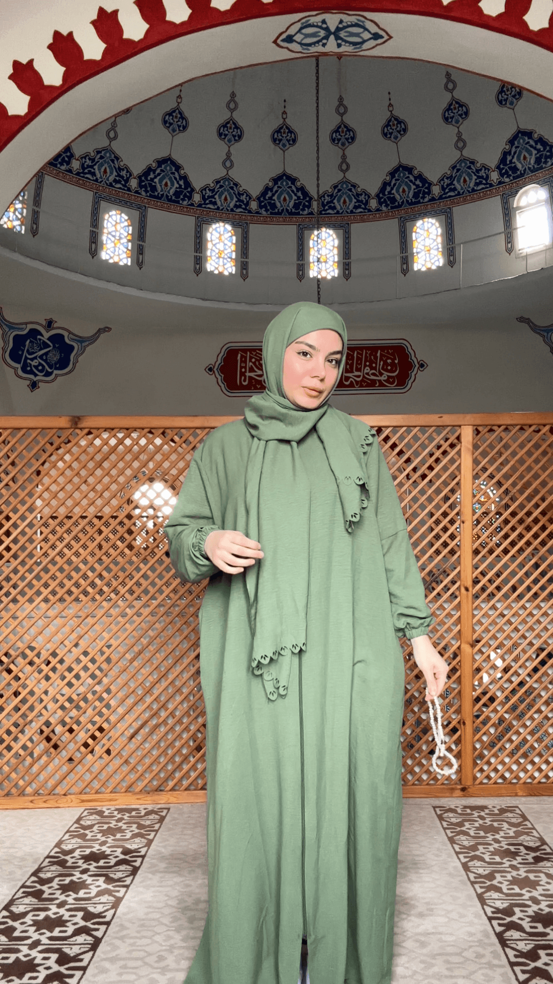 Sahra Fermuarlı Uzun Şallı Pamuk Aerobin Namaz Elbisesi - Haki