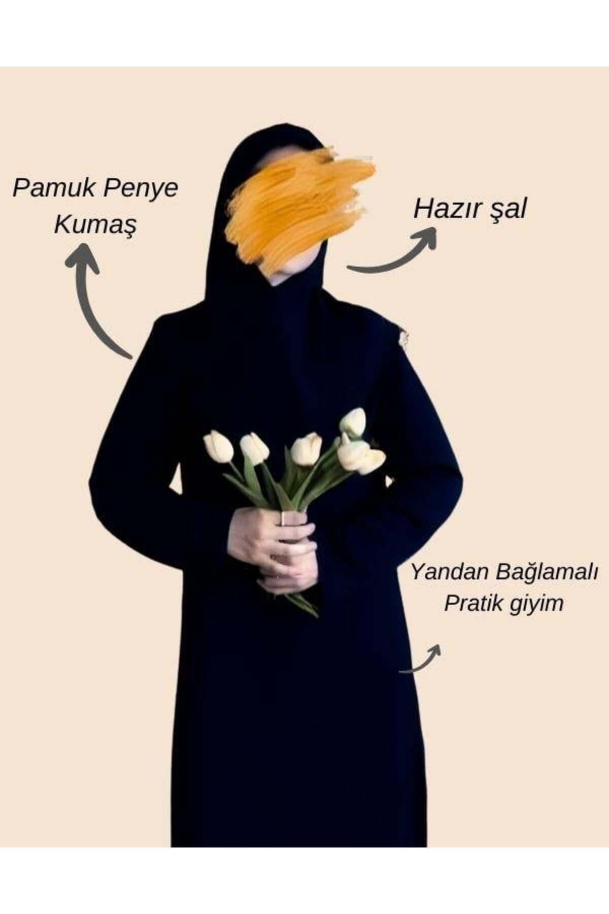 Yandan Bağlamalı Pratik Şallı Penye Namaz Elbisesi - Siyah