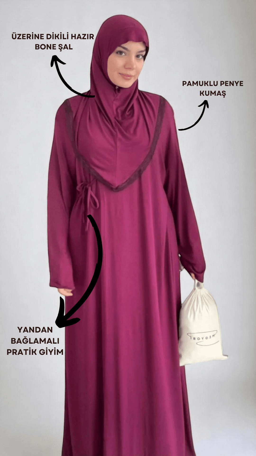 Yandan Bağlamalı Pratik Şallı Penye Namaz Elbisesi - Gül Kurusu