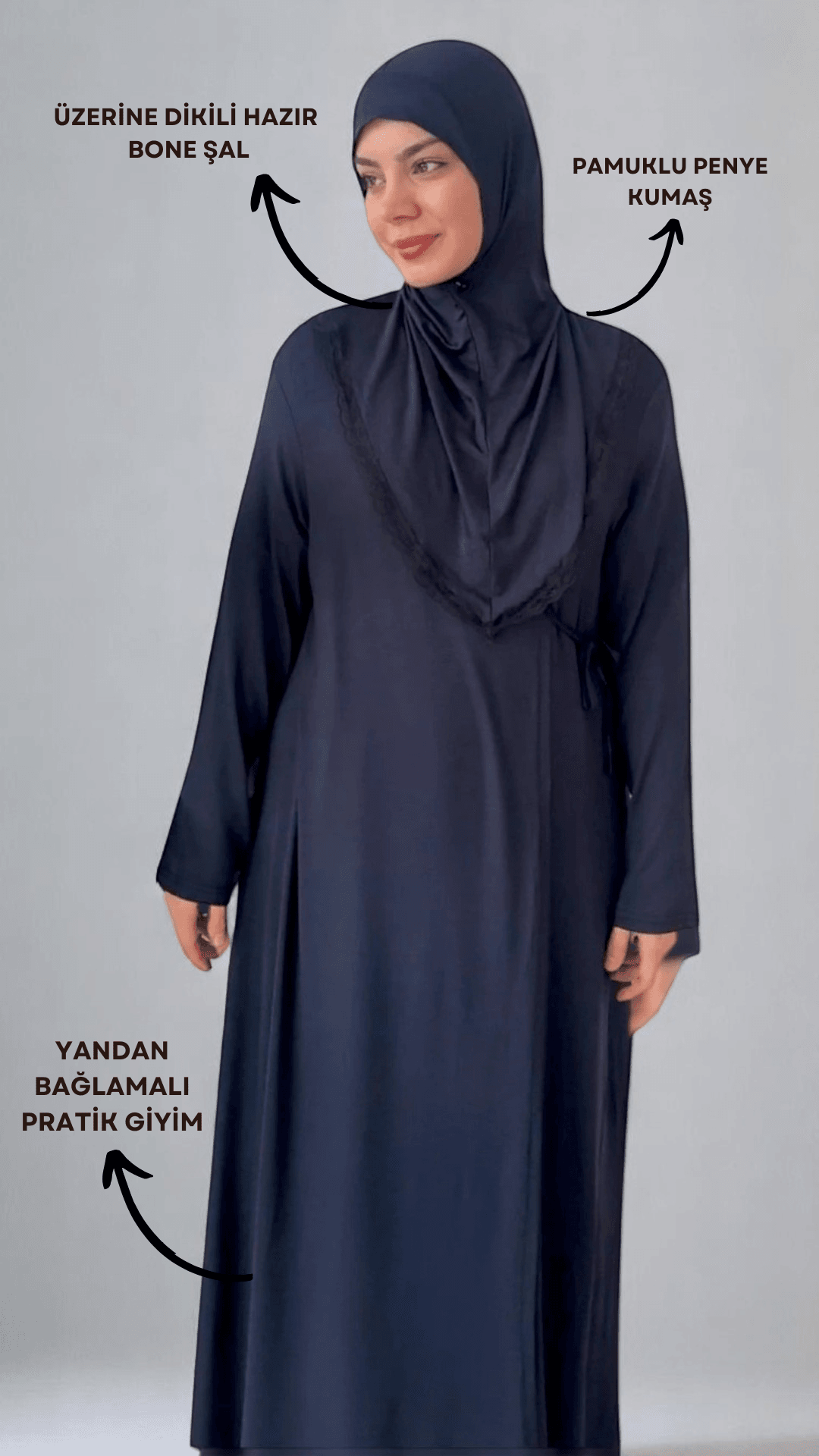 Yandan Bağlamalı Pratik Şallı Penye Namaz Elbisesi - Lacivert