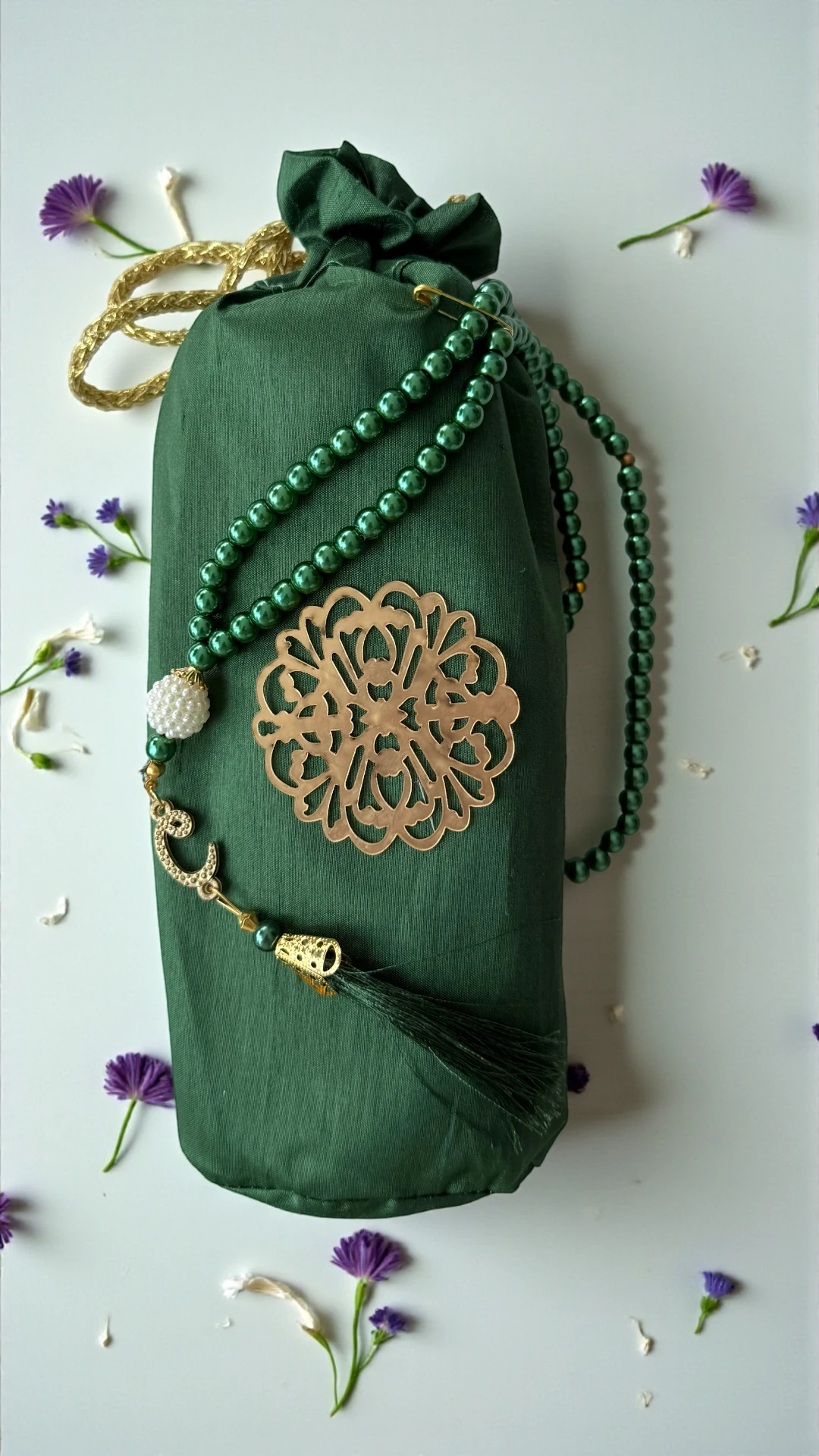 Kese Seccade Tespih Seti  - Zümrüt Yeşili