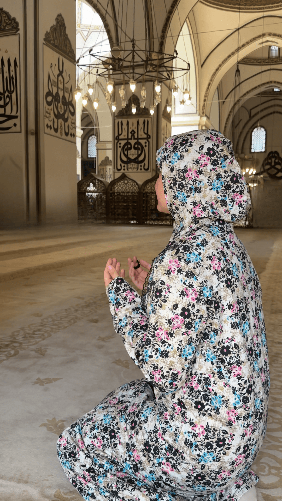 Desenli Refah Fermuarlı Hazır Şallı Pamuklu Penye Namaz Elbisesi  - Çiçekli Desen