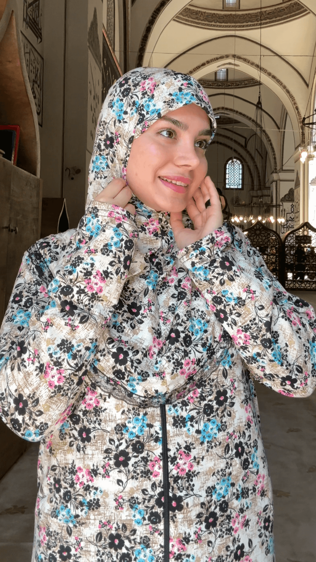 Desenli Refah Fermuarlı Hazır Şallı Pamuklu Penye Namaz Elbisesi  - Çiçekli Desen