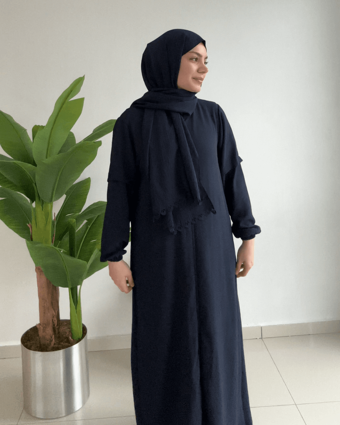 Sahra Fermuarlı Uzun Şallı Pamuk Aerobin Namaz Elbisesi - Lacivert