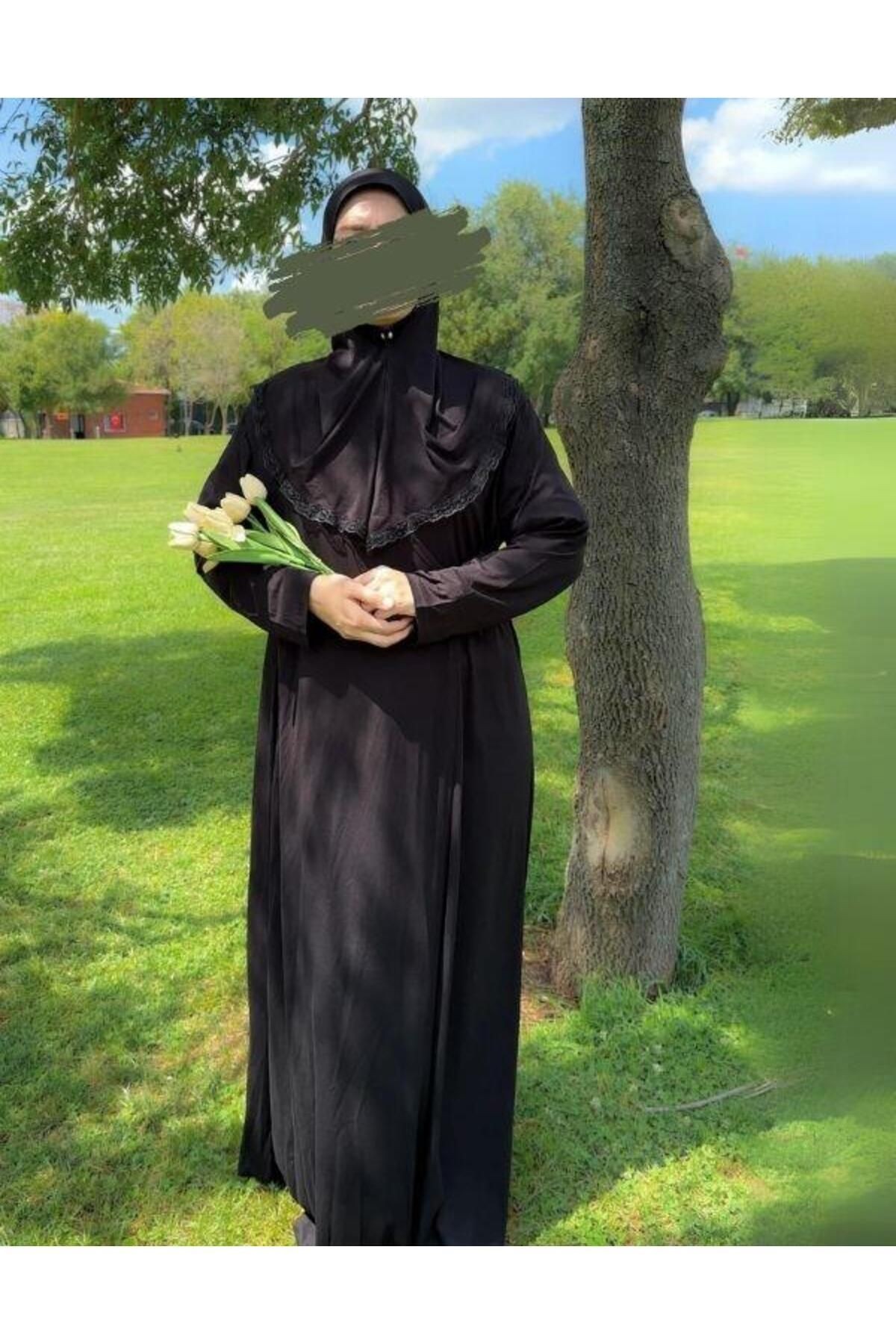 Yandan Bağlamalı Pratik Şallı Penye Namaz Elbisesi - Siyah