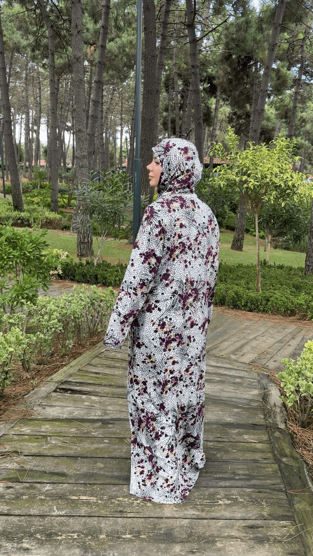Desenli Refah Fermuarlı Hazır Şallı Pamuklu Penye Namaz Elbisesi  - Mürdüm Kır Çiçeği