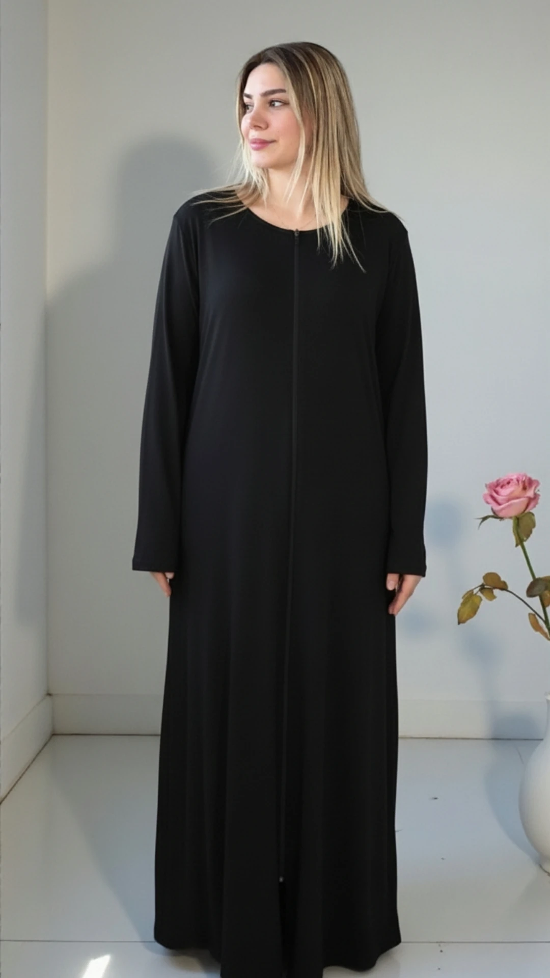 Refah Fermuarlı Pamuklu Penye Namaz Elbisesi - ŞALSIZ - Siyah