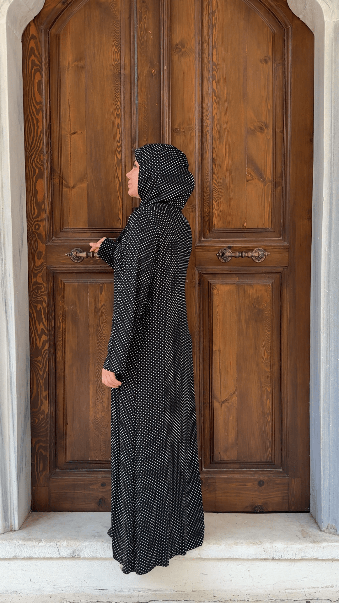 Desenli Refah Fermuarlı Hazır Şallı Pamuklu Penye Namaz Elbisesi  - Puantiyeli