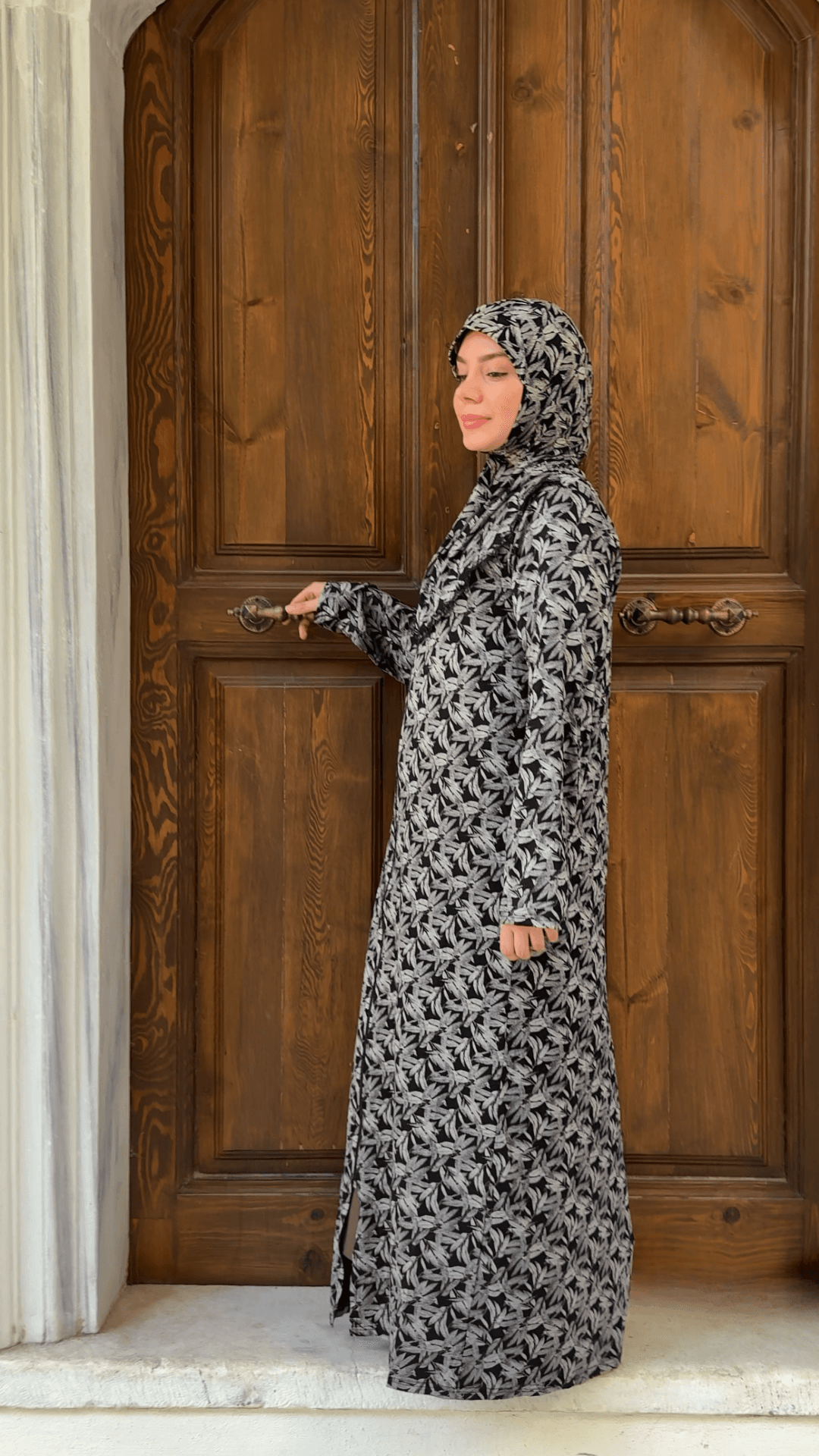 Desenli Refah Fermuarlı Hazır Şallı Pamuklu Penye Namaz Elbisesi 