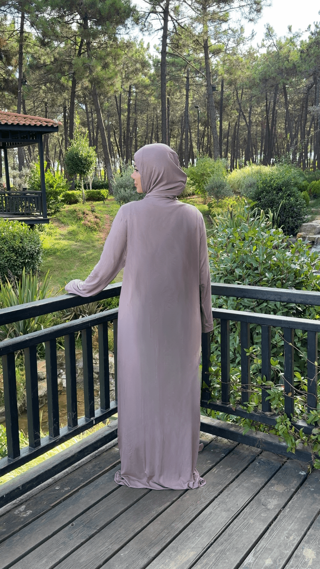 Refah Fermuarlı Hazır Şallı Pamuklu Penye Namaz Elbisesi  - Kahverengi