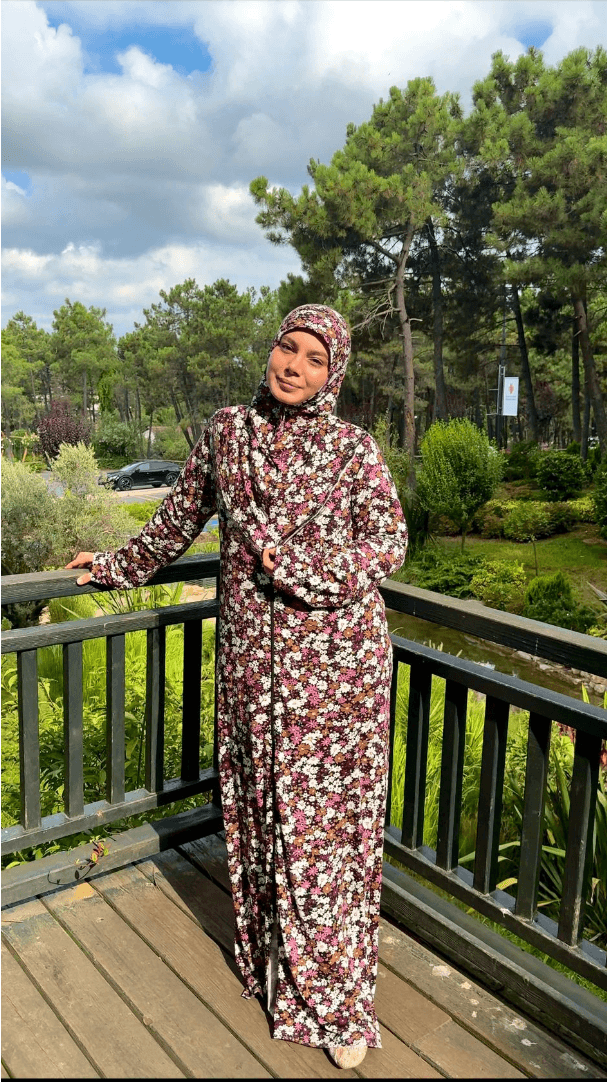 Desenli Refah Fermuarlı Hazır Şallı Pamuklu Penye Namaz Elbisesi  - Lila Bahar