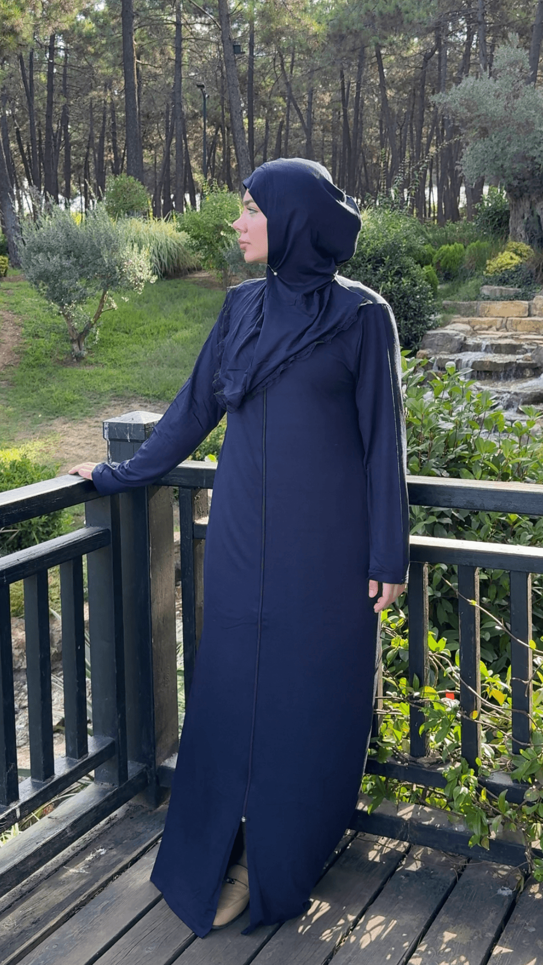 Refah Fermuarlı Hazır Şallı Pamuklu Penye Namaz Elbisesi  - Lacivert