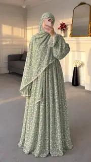 Gülbahar Fermuarlı Hazır Şallı %100 Pamuk Namaz Elbisesi - Çağla