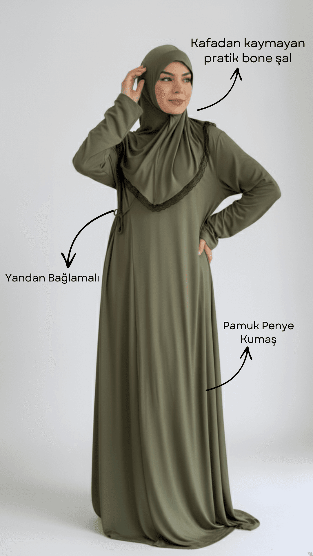 Yandan Bağlamalı Pratik Şallı Penye Namaz Elbisesi - Haki