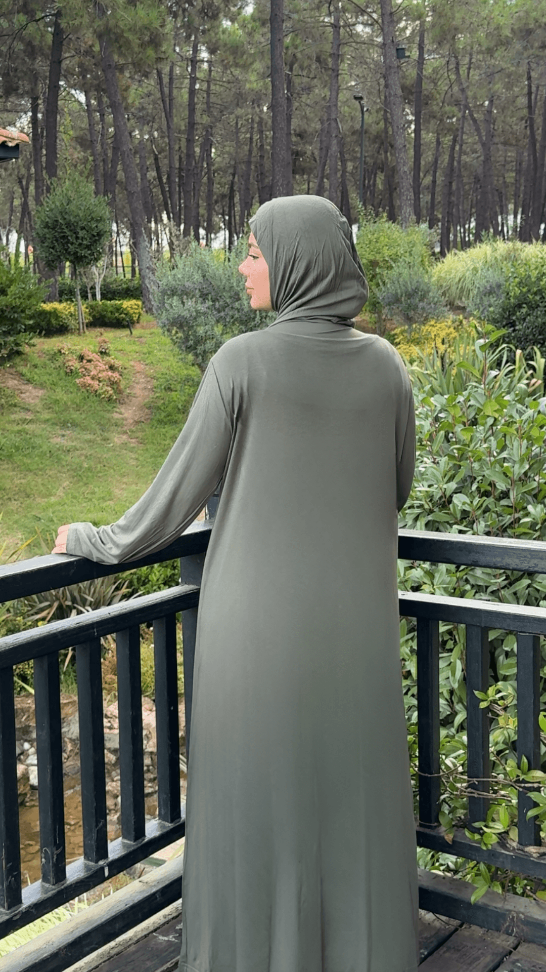 Refah Fermuarlı Hazır Şallı Pamuklu Penye Namaz Elbisesi  - Haki