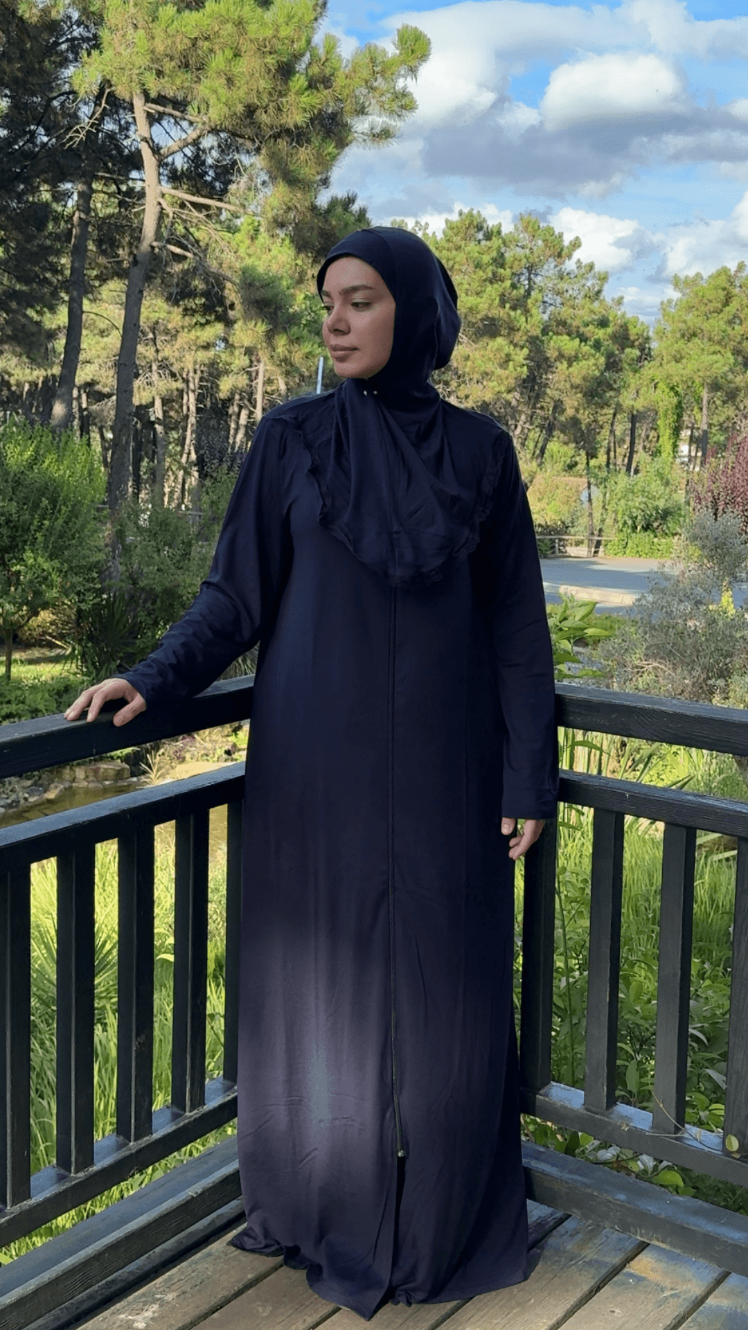 Refah Fermuarlı Hazır Şallı Pamuklu Penye Namaz Elbisesi  - Lacivert