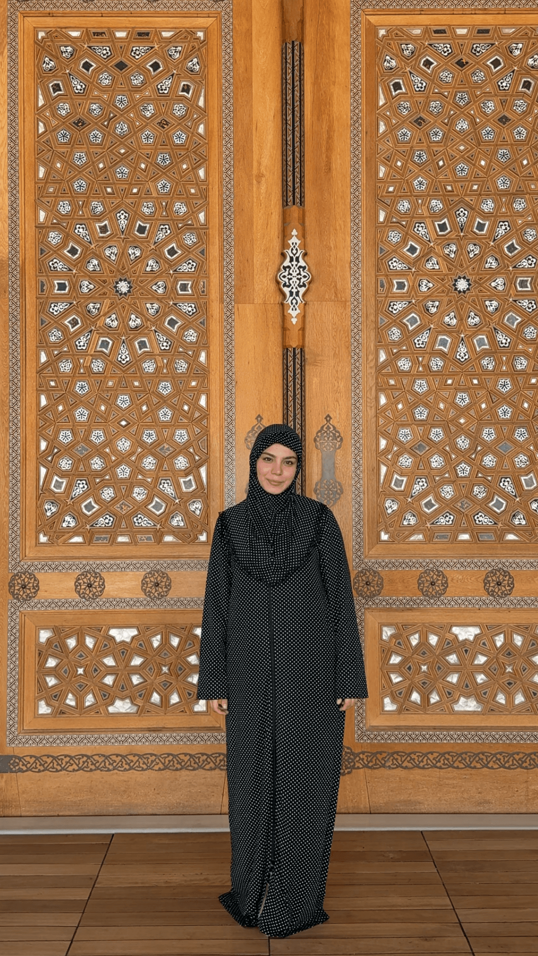 Desenli Refah Fermuarlı Hazır Şallı Pamuklu Penye Namaz Elbisesi  - Puantiyeli