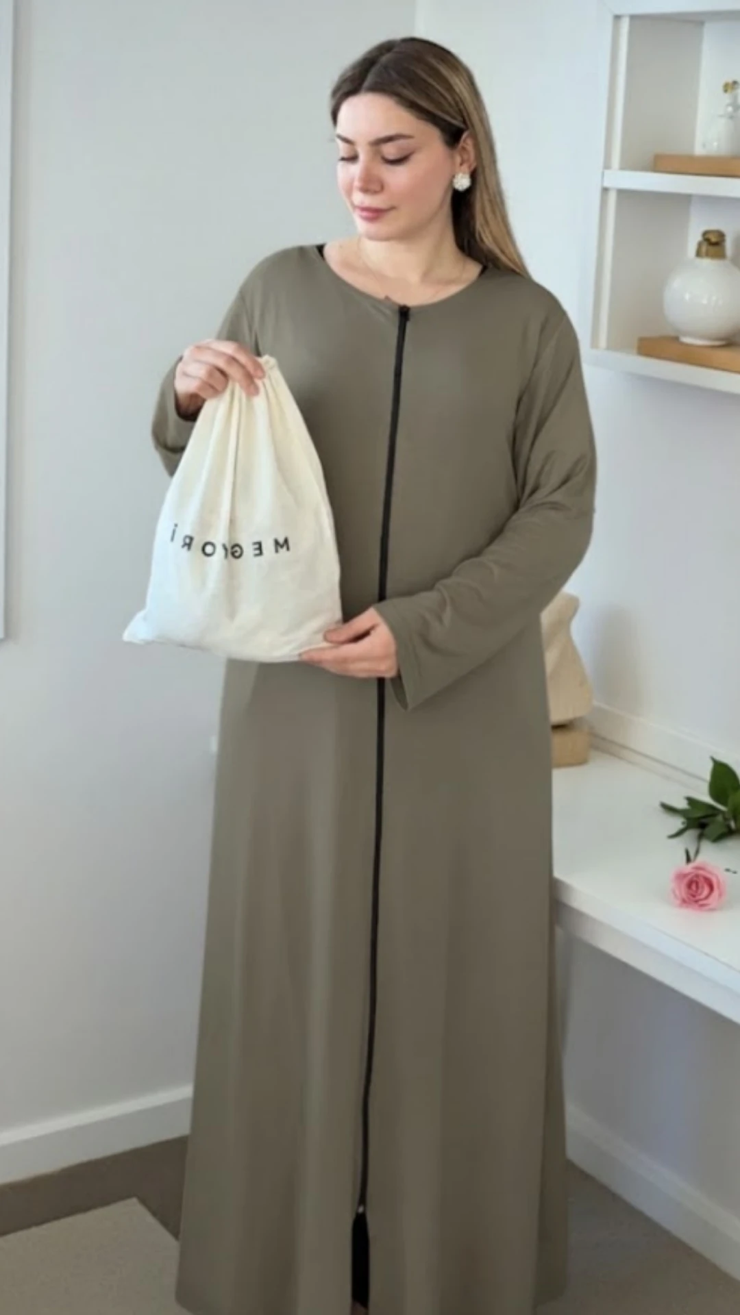 Refah Fermuarlı Pamuklu Penye Namaz Elbisesi - ŞALSIZ - Haki