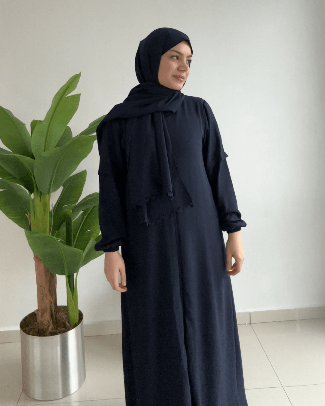 Sahra Fermuarlı Uzun Şallı Pamuk Aerobin Namaz Elbisesi - Lacivert