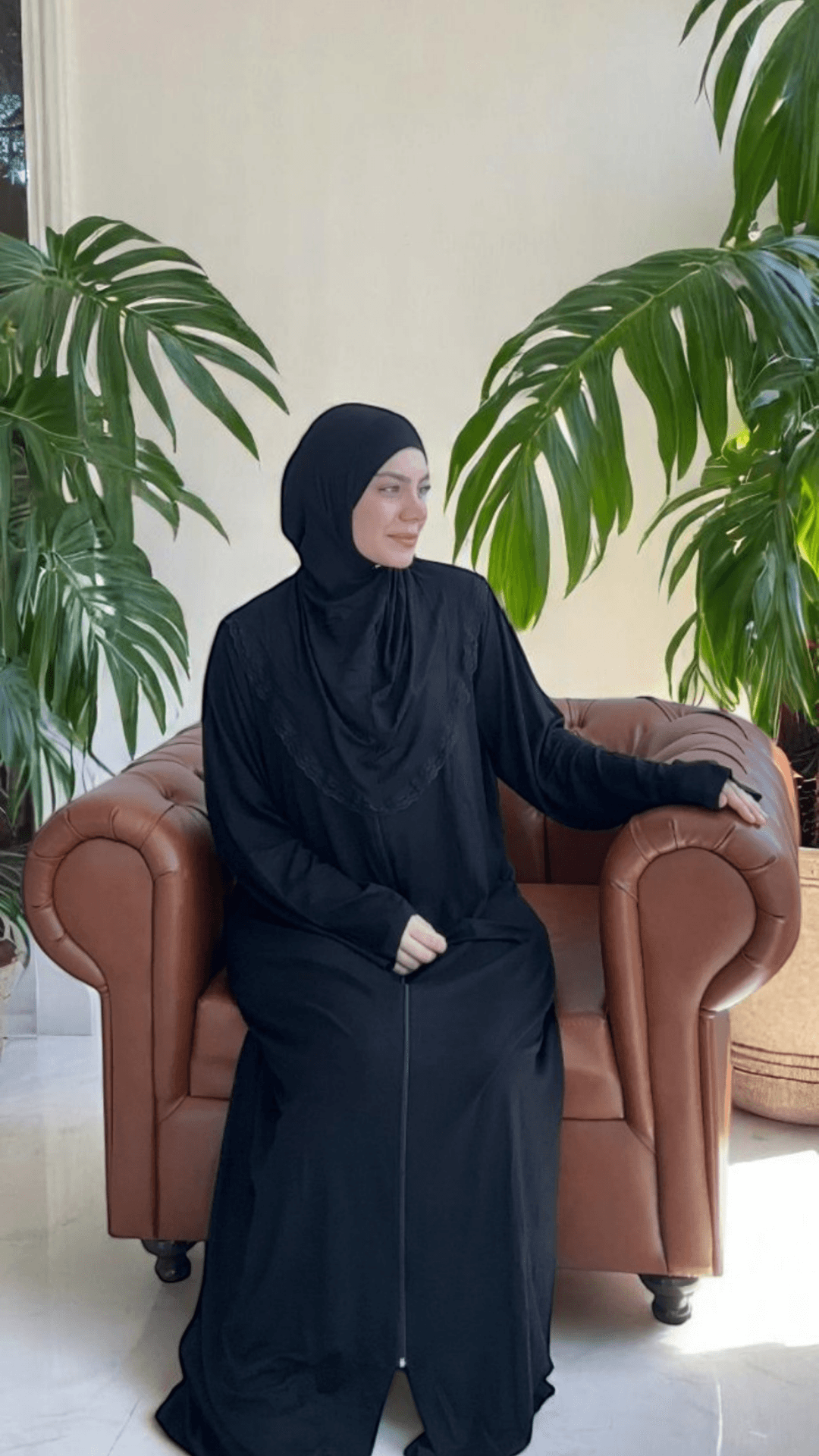 Refah Fermuarlı Hazır Şallı Pamuklu Penye Namaz Elbisesi  - Siyah
