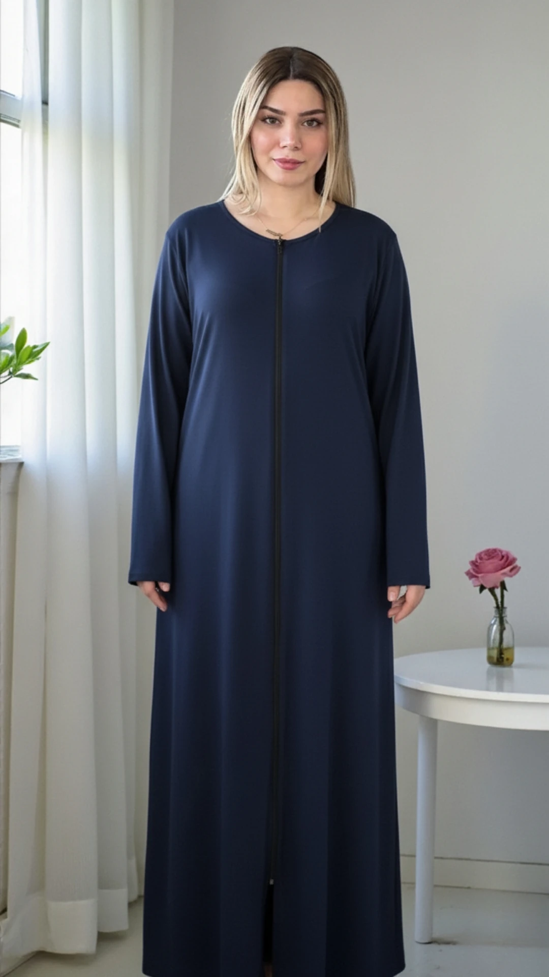 Refah Fermuarlı Pamuklu Penye Namaz Elbisesi - ŞALSIZ - Lacivert