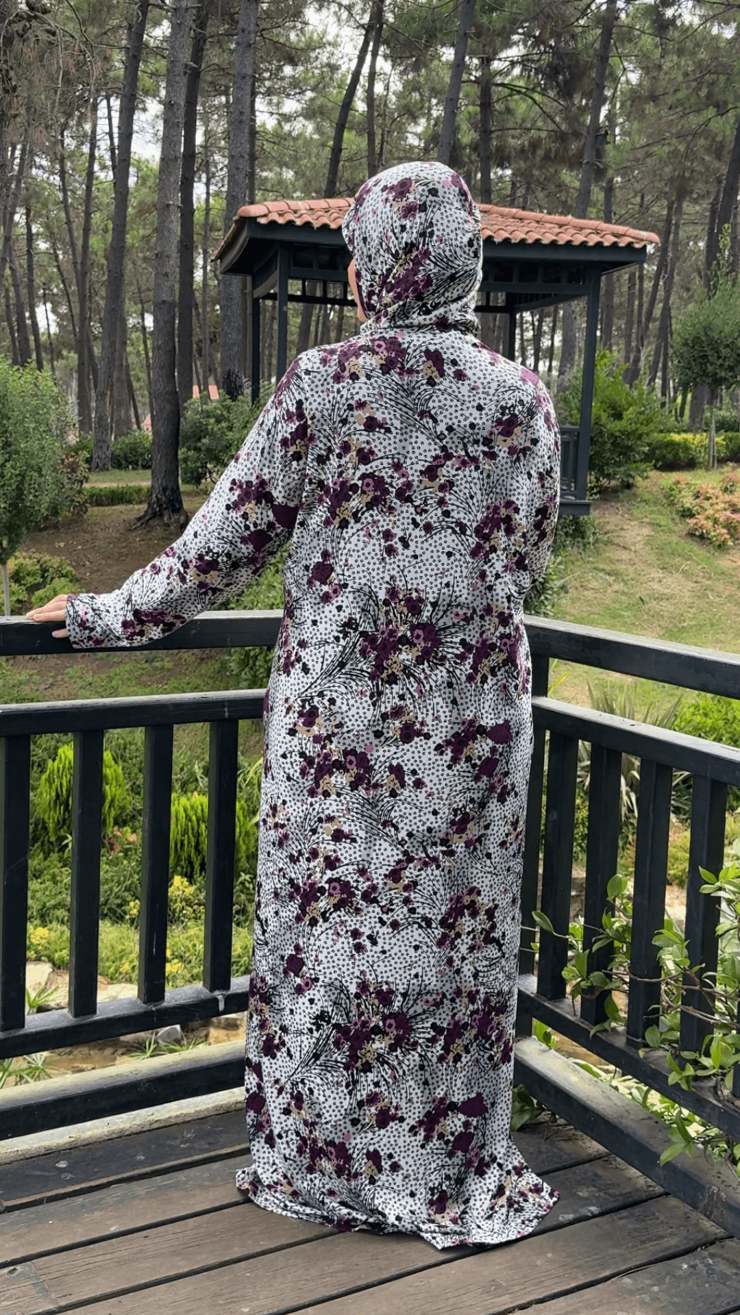 Desenli Refah Fermuarlı Hazır Şallı Pamuklu Penye Namaz Elbisesi  - Mürdüm Kır Çiçeği