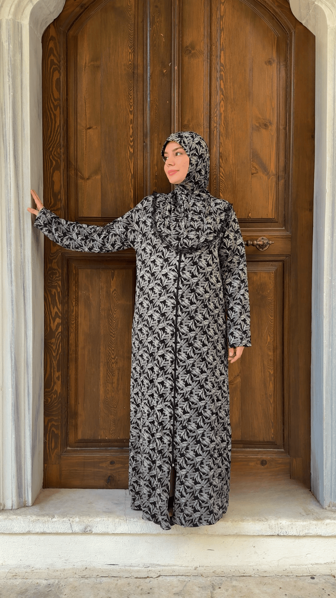 Desenli Refah Fermuarlı Hazır Şallı Pamuklu Penye Namaz Elbisesi  - Söğüt Desen