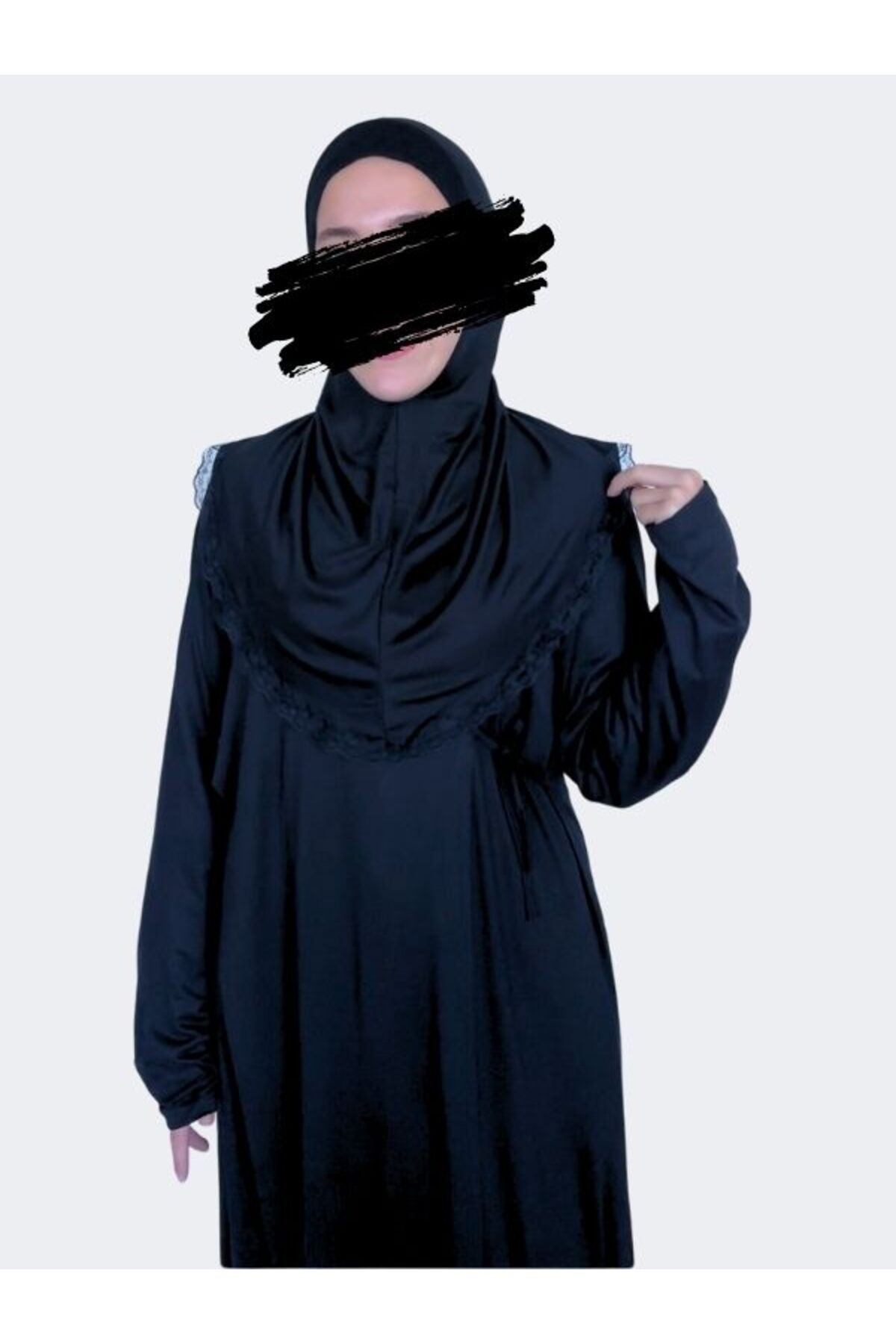 Yandan Bağlamalı Pratik Şallı Penye Namaz Elbisesi - Siyah