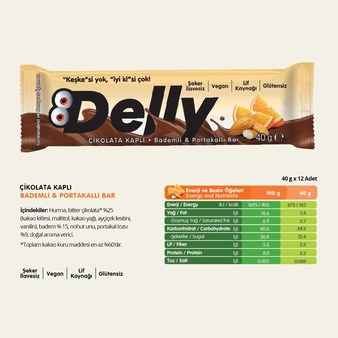 Delly Şekersiz Çikolata Kaplı Bademli Portakallı Bar 40 gr