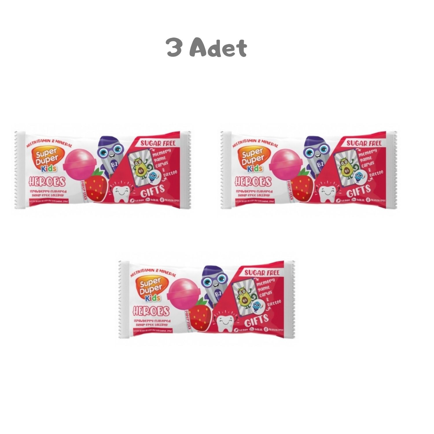 Super Duper Kids Zero Heroes Strawberry Lolipop 15g 3 Adet