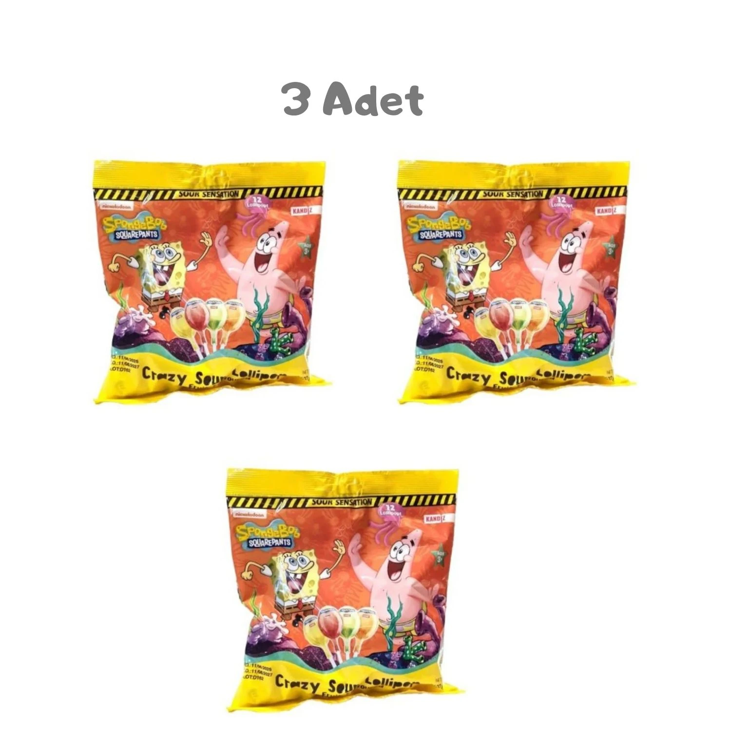 Sponge Bob Crazy Sour Lolipop 120g 3 Adet