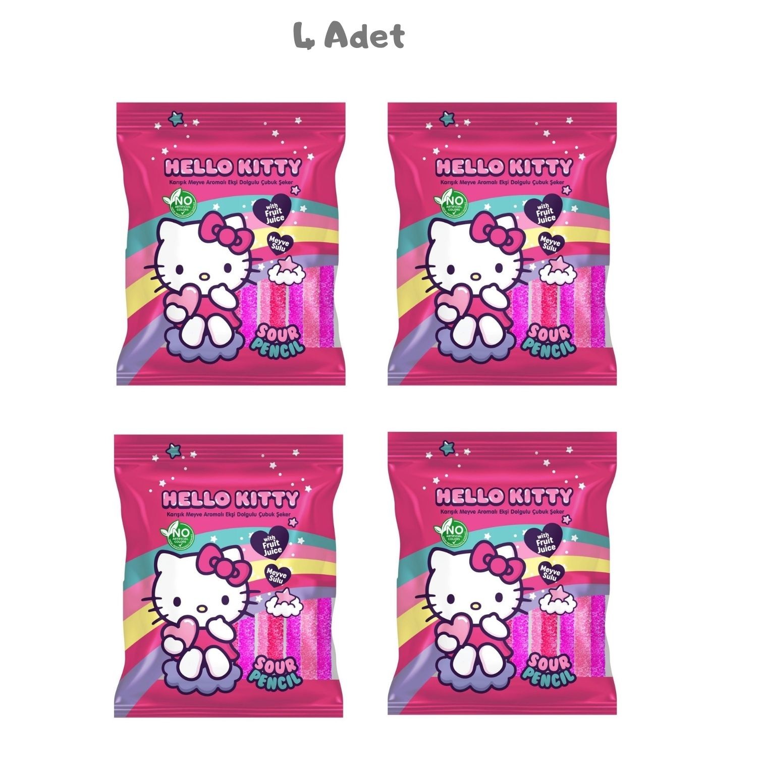 Hello Kitty Sour Pencil Karışık Meyve Ar.Ekşi Dolgulu Çubuk Şeker 80 Gr. - 4 Adet