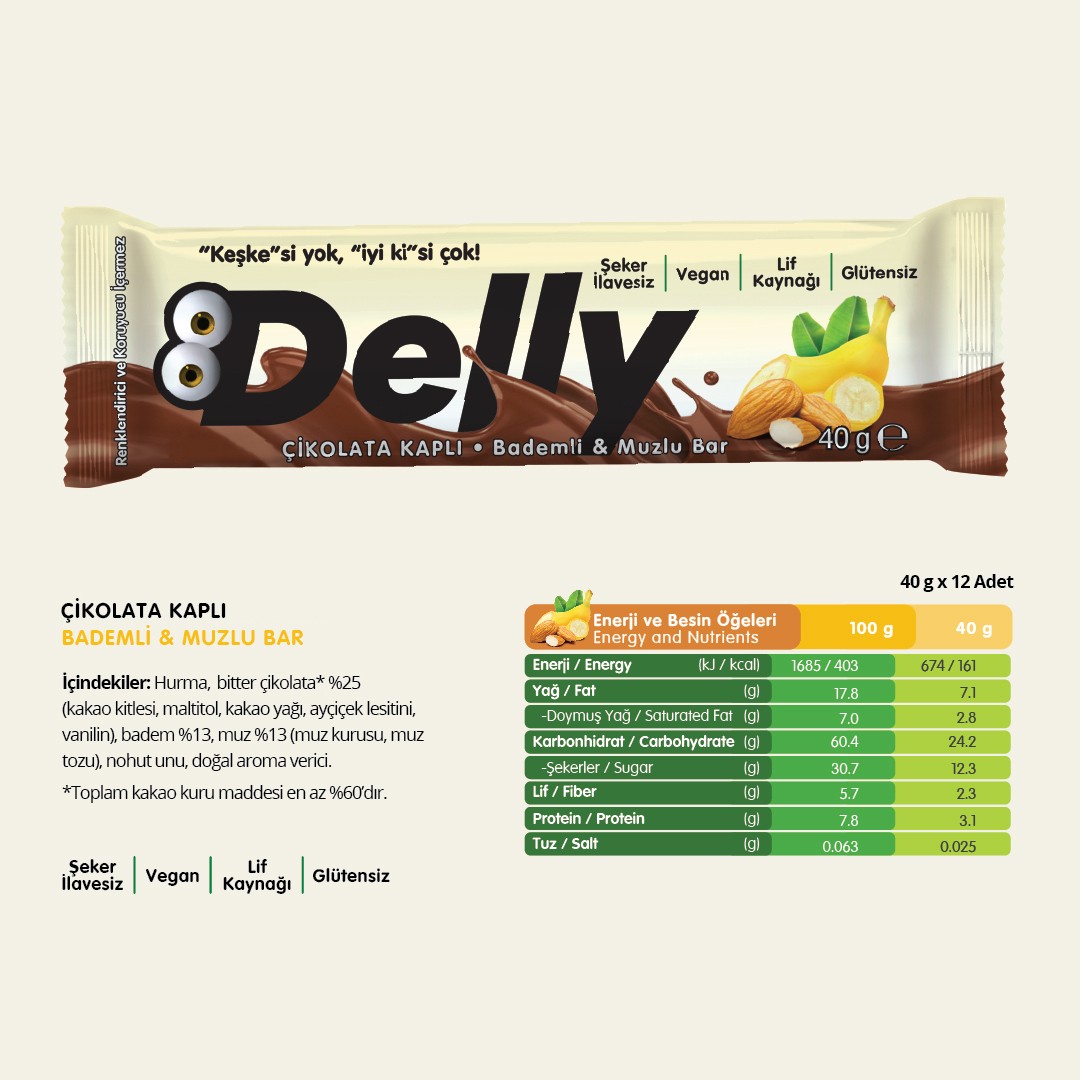 Delly Şekersiz Çikolata Kaplı Bademli Muzlu Bar 40 gr