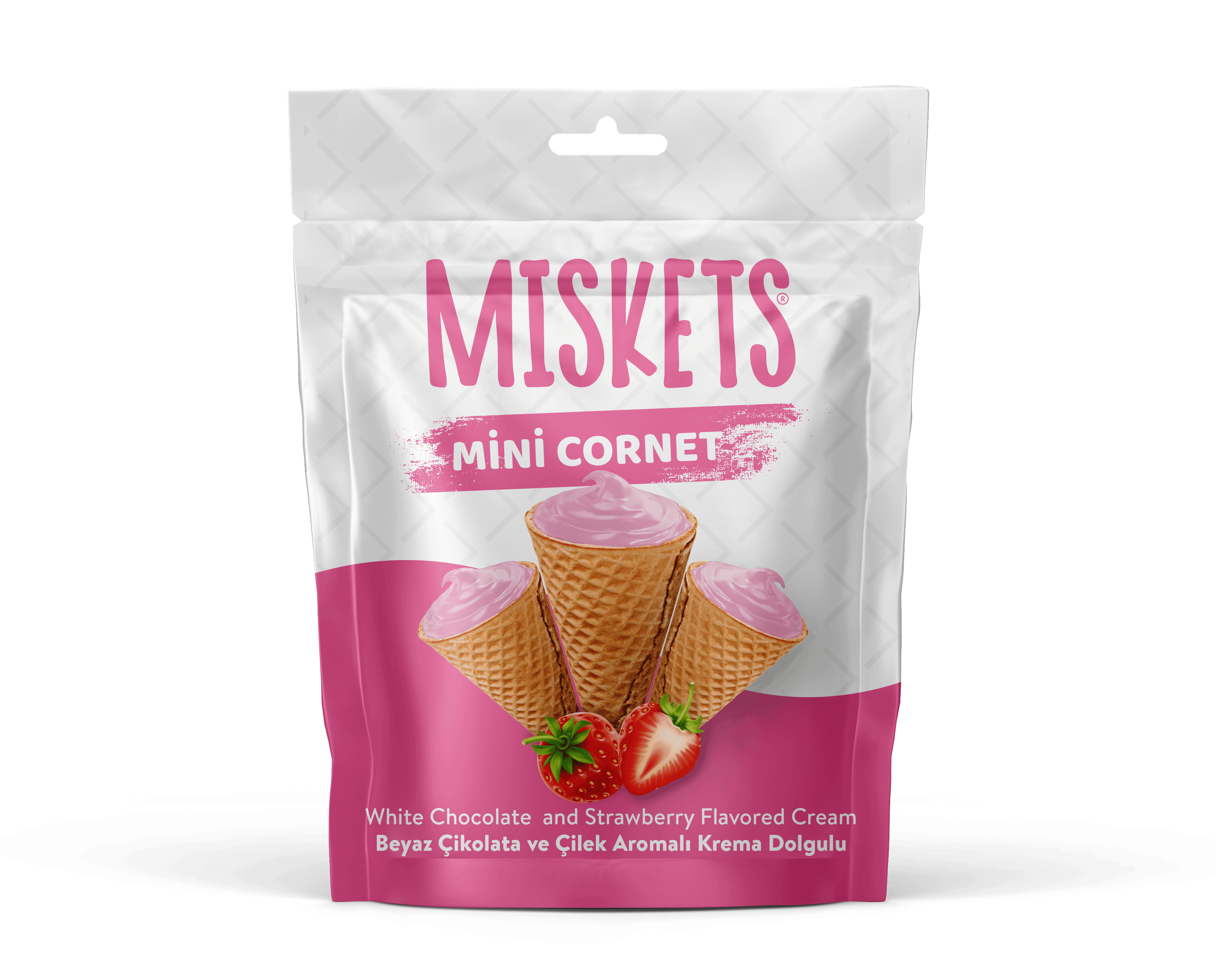 Miskets Beyaz Çikolata ve Çilek Aromalı Mini Kornet 50g